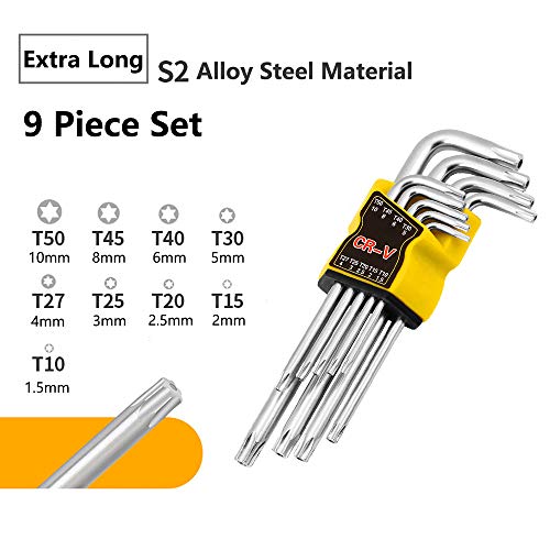 9 Piezas Juego de Llaves Torx, T10-T50, Llave Hexagonal Torx, Llave Allen de Brazo, con Soporte Plegable, Juego de Llaves Torx Alargadas, Utilizado para Muebles, Mantenimiento de Máquinas