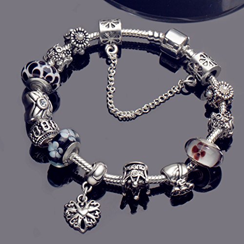 A TE® Charm Pulsera Abalorio Murano Cristal Vidrio Perlas con Cadena de Seguridad Chapado Blanco Oro #JW-B110 (Negro)