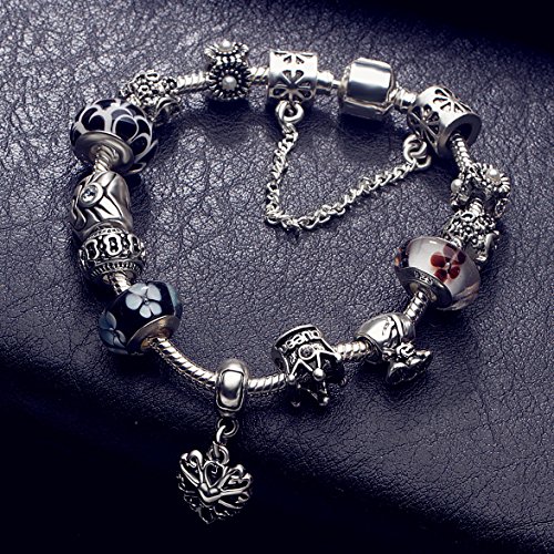 A TE® Charm Pulsera Abalorio Murano Cristal Vidrio Perlas con Cadena de Seguridad Chapado Blanco Oro #JW-B110 (Negro)