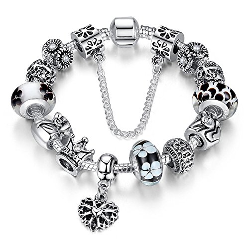 A TE® Charm Pulsera Abalorio Murano Cristal Vidrio Perlas con Cadena de Seguridad Chapado Blanco Oro #JW-B110 (Negro)