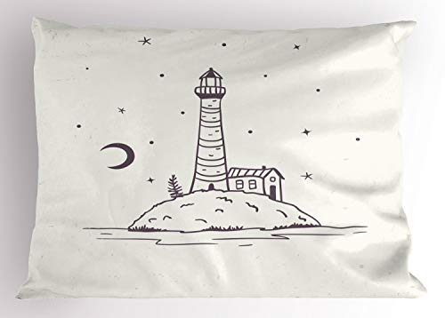 ABAKUHAUS Faro Funda de Almohada, Faro en una Colina, Decorativa Estampada Tamaño Standard King Size, 90 X 50 cm, Malva Topo cáscara de Huevo