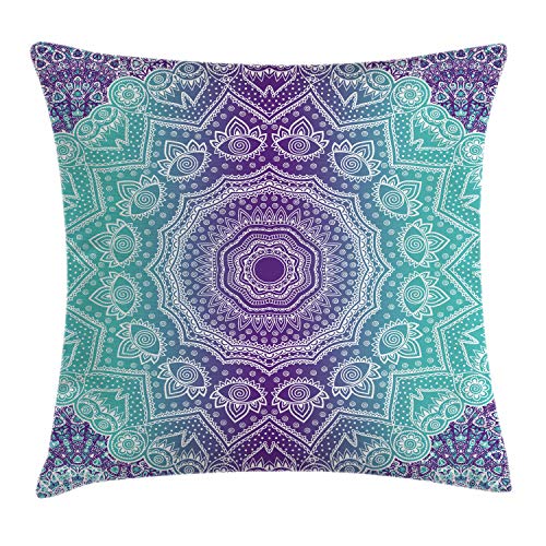 ABAKUHAUS Púrpura y Turquesa Funda para Almohadar, Mandala Degradé Hippie Paz Interior Meditación con Arte Ornamental, Lavable con Cremallera Colores Firmes Estampa Digital, 50 x 50 cm, Púrpura