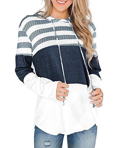 ABRAVO Mujer Sudadera con Capucha Manga Larga Jerséis Sueltos Sudadera con Estampado la Camiseta Otoño Invierno Mujer Chándal (M, Rayado Blanco)