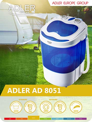 Adler ad 8051 - Lavadora (Portátil, Carga superior, Azul, Blanco, Giratorio, Arriba, 3 kg) 360x370x530 cm