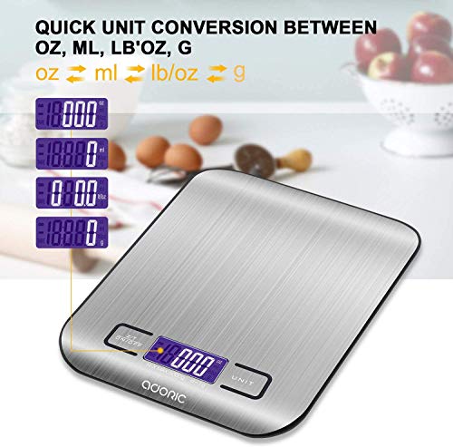 ADORIC Báscula Digital para Cocina de Acero Inoxidable, 5kg / 11 lbs, Balanza de Alimentos Multifuncional, Peso de Cocina, Color Plata (Baterías Incluidas)