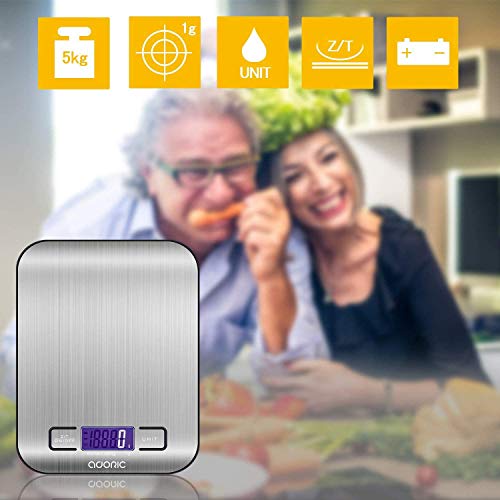 ADORIC Báscula Digital para Cocina de Acero Inoxidable, 5kg / 11 lbs, Balanza de Alimentos Multifuncional, Peso de Cocina, Color Plata (Baterías Incluidas)