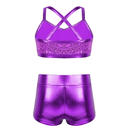 Agoky Ropa Deportiva de Danza Lentejuelas para Niñas Tankini Conjunto Maillot de Gimnasia Rítmica Crop Top Pantalones Cortos Leotardo Yoga Fitness Morado 10-12 años