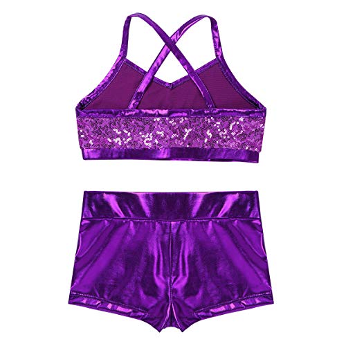 Agoky Ropa Deportiva de Danza Lentejuelas para Niñas Tankini Conjunto Maillot de Gimnasia Rítmica Crop Top Pantalones Cortos Leotardo Yoga Fitness Morado 10-12 años