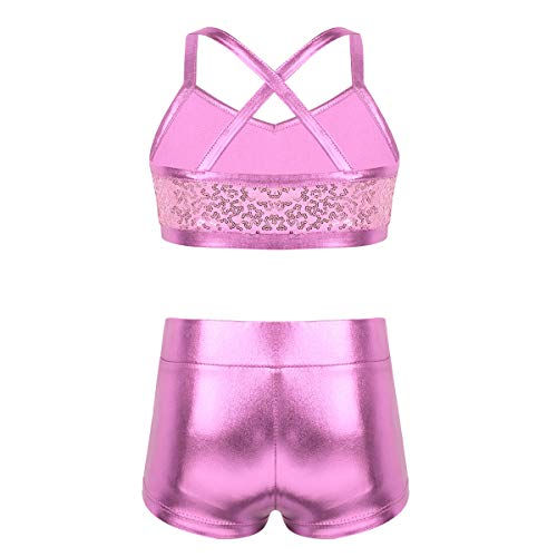 Agoky Ropa Deportiva de Danza Lentejuelas para Niñas Tankini Conjunto Maillot de Gimnasia Rítmica Crop Top Pantalones Cortos Leotardo Yoga Fitness Rosa 7-8 años