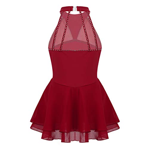 Agoky Vestido de Danza Ballet para Niña Maillot de Patinaje Artístico Diamantes Body Leotardo de Baile Gimnasia Rítmica con Falda Disfraz Bailarina Vino Rojo 12 Años