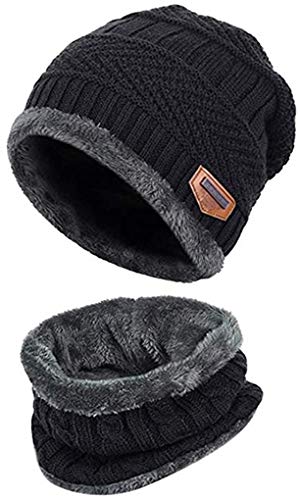 Aisprts Gorro Invierno con Bufanda, Calentar Sombreros Gorras Beanie de Punto Para Hombre Mujer (Negro)