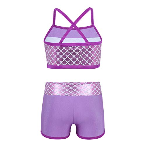 Alvivi 2Pcs Ropa Deporte con Lentejuelas Camisa Tirantes Tank Top Niña Gimnasia Pantalones Cortos Deportivos para Ejercicio Fitness Bikini Niña Lavender 6 Años