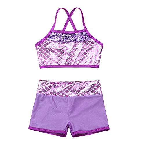 Alvivi 2Pcs Ropa Deporte con Lentejuelas Camisa Tirantes Tank Top Niña Gimnasia Pantalones Cortos Deportivos para Ejercicio Fitness Bikini Niña Lavender 6 Años