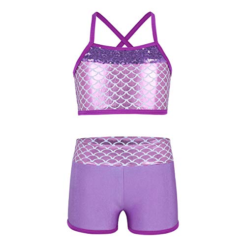 Alvivi 2Pcs Ropa Deporte con Lentejuelas Camisa Tirantes Tank Top Niña Gimnasia Pantalones Cortos Deportivos para Ejercicio Fitness Bikini Niña Lavender 6 Años