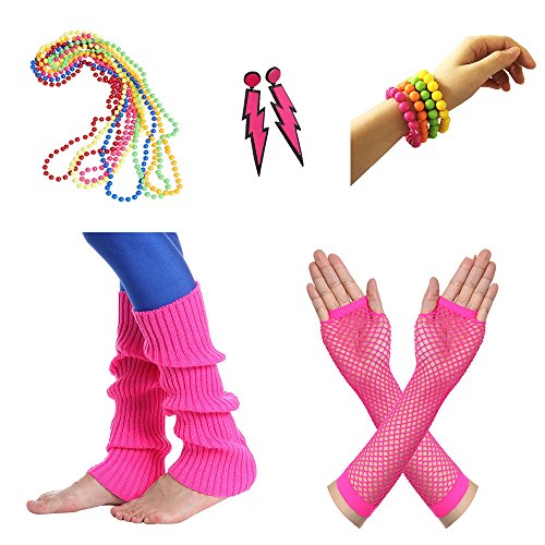 Amaza Disfraz Años 80 Mujer Accesorios Guantes Calentadores Collares Pendientes Pulseras (Multicolor)