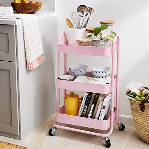 AmazonBasics - Carrito de cocina o multiuso de tres niveles con ruedas en rosa apagado