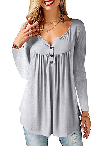 Amoretu Camisas Mujer Manga Larga Flare Blusa Delgado Color Sólido Cuello en V Botones Tops Blusa (XL/ES 50-52, Gris)