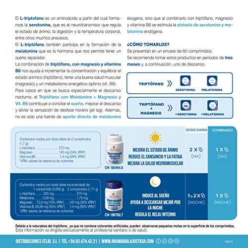 Ana Maria Lajusticia - Triptófano con melatonina + magnesio + VIT B6 – 60 comprimidos. Induce al sueño y mejora la calidad del sueño. Apto para veganos. Envase para 30 días de tratamiento.