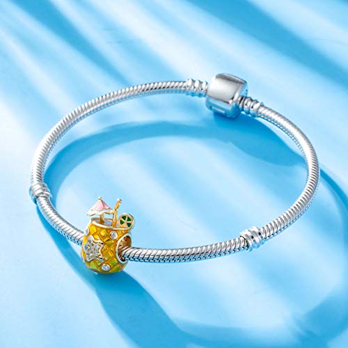 Andante-Stones Abalorio de plata de ley 925 y oro "Aloha Hawaii", vaso de piña con sombrilla y estrella de circonita, elemento bola para pulseras con módulo europeo + bolsa de organza