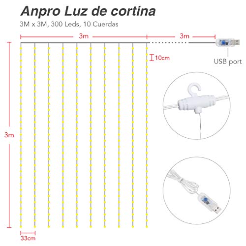 Anpro Luz Cadena Luz de Cortina USB, con 300 Bombillas LED, 8 Modos, Blanca Cálida, 3x3 m