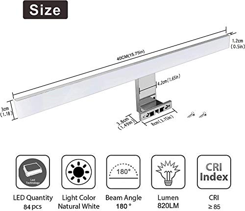 Aogled Lámpara de Espejo Led Luz Baño 10W 820LM 40cm 230V 4000K,Lámpara de Acero Inoxidable 3 en 1 IP44 Clase II,Diseño Delgado,Espejo Frente/Gabinete/Iluminación de Pared Neutro Blanco 400mm