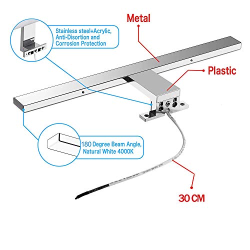 Aogled Lámpara de Espejo Led Luz Baño 10W 820LM 40cm 230V 4000K,Lámpara de Acero Inoxidable 3 en 1 IP44 Clase II,Diseño Delgado,Espejo Frente/Gabinete/Iluminación de Pared Neutro Blanco 400mm