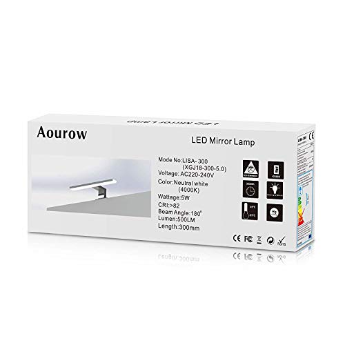 Aourow Lámpara de Espejo Baño LED 5W 230V 500lm,a Prueba de Agua IP44 30cm,3 en 1,Fije en el Espejo +en el Gabinete+en la Pared,Luz Blanca Neutra 4000K,Contra Niebla Acero Inoxidable,300x105x40mm