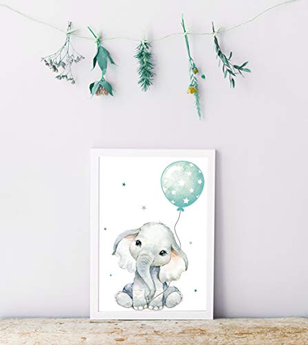 artpin Juego de 4 imágenes para habitación de niños, Menta verde decoración para niños y niñas, DIN A4, póster, diseño de animales de la jungla p63