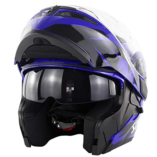 ATK SM955 Módulo Desplegable Casco de Motocicleta Doble Parabrisas Visera Solar Incorporada Forro Extraíble Cerradura Portátil, Dot,Blue,XL(61-62cm)