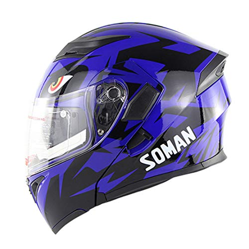 ATK SM955 Módulo Desplegable Casco de Motocicleta Doble Parabrisas Visera Solar Incorporada Forro Extraíble Cerradura Portátil, Dot,Blue,XL(61-62cm)