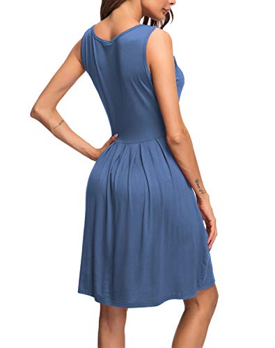 AUSELILY Vestido Informal sin Mangas con Pliegues Sueltos y Pliegues con Bolsillos hasta la Rodilla.（Beja Blue,40-42