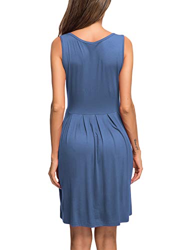 AUSELILY Vestido Informal sin Mangas con Pliegues Sueltos y Pliegues con Bolsillos hasta la Rodilla.（Beja Blue,40-42