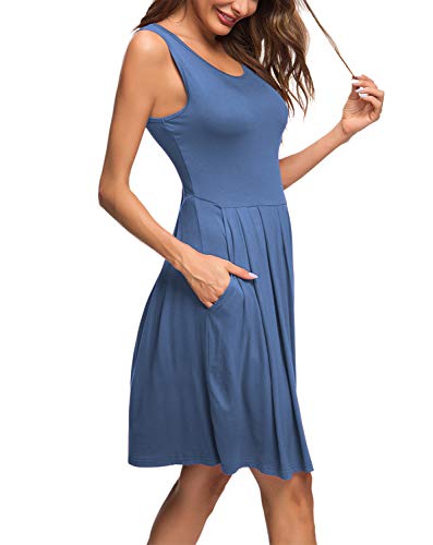 AUSELILY Vestido Informal sin Mangas con Pliegues Sueltos y Pliegues con Bolsillos hasta la Rodilla.（Beja Blue,40-42