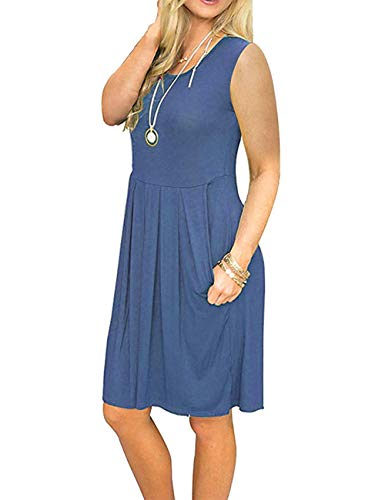 AUSELILY Vestido Informal sin Mangas con Pliegues Sueltos y Pliegues con Bolsillos hasta la Rodilla.（Beja Blue,40-42