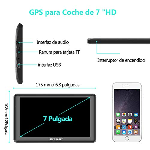 AWESAFE GPS para Coche de 7 Pulgadas Pantalla con Bluetooth, Negro