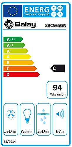 Balay 3BC565GN Campana decorativa Serie Cristal, Inclinada, C, 60 cm, 94,4 kWh/año, Negro, Iluminación LED, Filtros de aspiración perimetral