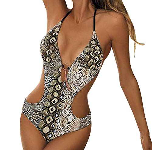 Bañadores Mujer Halter Escote V Espalda Descubierta Leopard Trajes de Baño de Una Pieza Bikinis Tallas Grandes Trikini Bañador Moldeador Vientre Plano Push Up Piscina Surf Banadores de Señora L