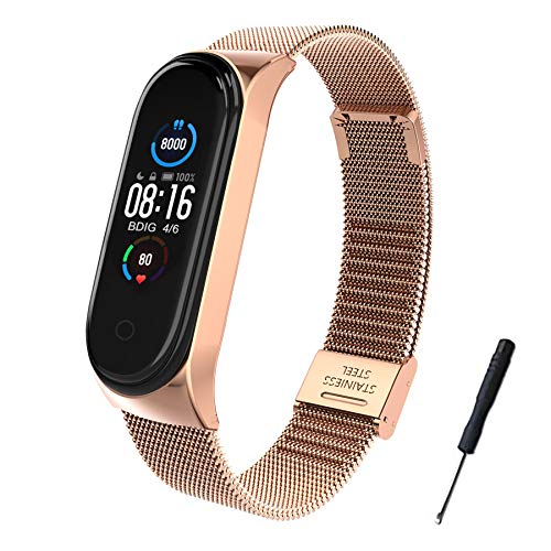 BDIG Correa Compatible para Xiaomi Mi Band 5 Correas Metal, Pulsera de Acero Inoxidable Agradable para Mi Band 5 Correa (No Host) (Melan Oro Rosa)