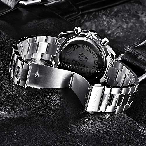 BENYAR Relojes Hombre Relojes de Pulsera Cronografo Diseñador Impermeable Reloj Hombre Banda de Cuero Analogicos Fecha de Pulsera Regalo Elegante