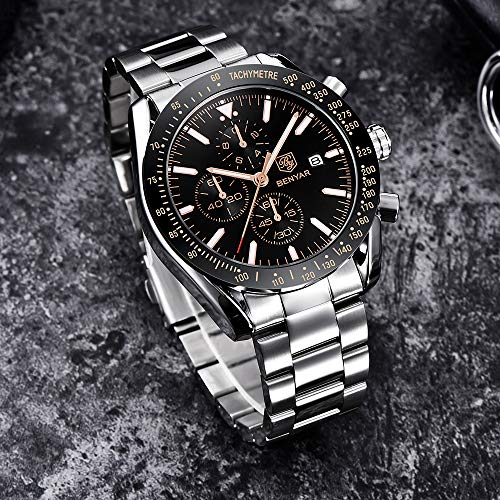 BENYAR Relojes Hombre Relojes de Pulsera Cronografo Diseñador Impermeable Reloj Hombre Banda de Cuero Analogicos Fecha de Pulsera Regalo Elegante