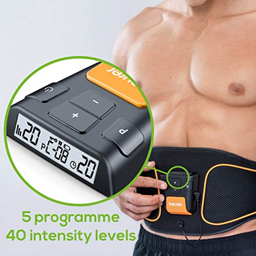 Beurer EM 37 Electroestimulador EMS Cinturón Abdominal,5 programas de entrenamiento, 4 electrodos agua sin necesidad de geles ni recambios, pantalla LCD, 70-140cm cintura