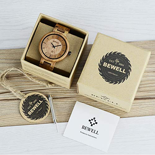 BEWELL Reloj Mujer Madera Analógico Cuarzo Japonés con Correa de Madera Redondo Casual Relojes de Pulsera (Marron)