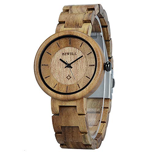 BEWELL Reloj Mujer Madera Analógico Cuarzo Japonés con Correa de Madera Redondo Casual Relojes de Pulsera (Marron)