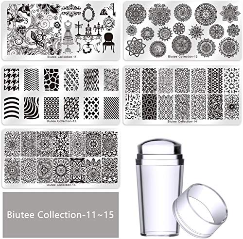 Biutee Nail Art Stamping 15pcs Placas Estampacion Uñas para Manicura +1pcs Sello de Silicona +2 pcs Rascador +1 pcs Bolsa para Placas（Color al azar）