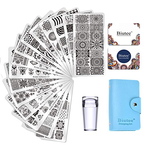 Biutee Nail Art Stamping 15pcs Placas Estampacion Uñas para Manicura +1pcs Sello de Silicona +2 pcs Rascador +1 pcs Bolsa para Placas（Color al azar）