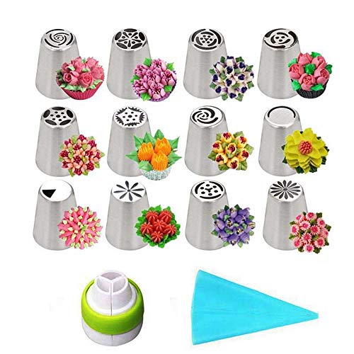 BLUGUL Rusas Boquillas para Manga Pastelera, Consejos de Pastelería, 12 Boquillas + 1 Bolsa + 1 Acopladores, Acero Inoxidable Reutilizable Herramientas para Decoración de Cupcakes y Tartas