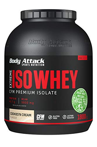 Body Attack Extreme Iso Whey, CFM Aislado de proteína de suero de leche de sauce irlandés 100%, sin gluten, rico en AEA, bajo en grasas, 90,6% de contenido de aislado (cookies n cream, 1,8 kg)