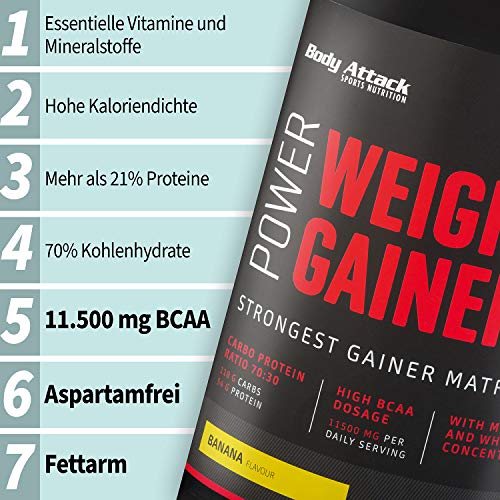 Body Attack Power Weight Gainer 100% de masa de carbohidratos en polvo para desarrollar músculos con proteína de suero de suero de leche (4,75 kg)