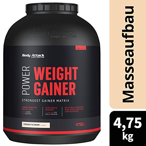 Body Attack Power Weight Gainer (aumento de peso), galletas y crema, 4,75 kg, 100% desarollo masa, carbohidrato- proteína en polvo para el aumento muscular con proteína de suero, ideal para Hardgainer