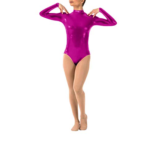 Body de Manga Larga Mujer, Cuello Alto Body Cuero Spandex Metálico Leotardo Baile Ballet Mono Gimnasia Traje Rosa Caliente S